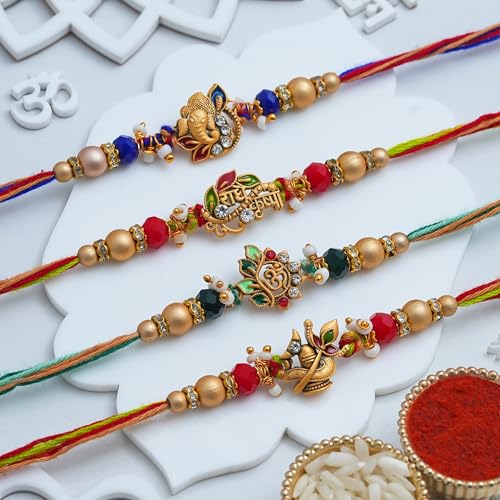 Image of eCraftIndia Lord Ganesha Om Shivling Radhe Krishna Designer Rakhi Set of 4 | Rakhi for Brother Bhaiya Bhai with Best Bro Ever Fridge Magnet | Roli Chawal Pack