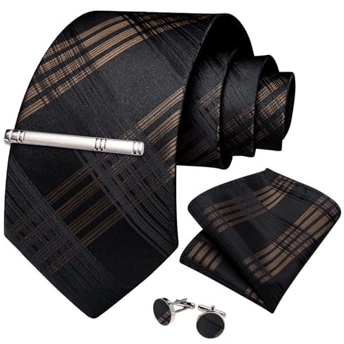 Image of DiBanGu Plaid Ties for Men Silk Checkered Necktie and Pocket Square Cufflinks Tie Clip Set with Gift Box for Wedding Business