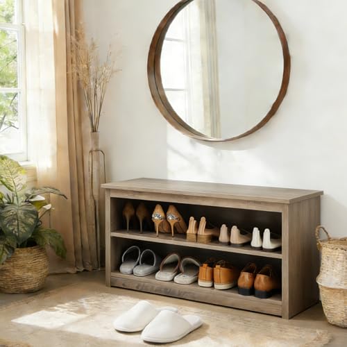 Puntogen Farmhouse Storage Bench with 2-Tier Open Shelf Storage, Wooden