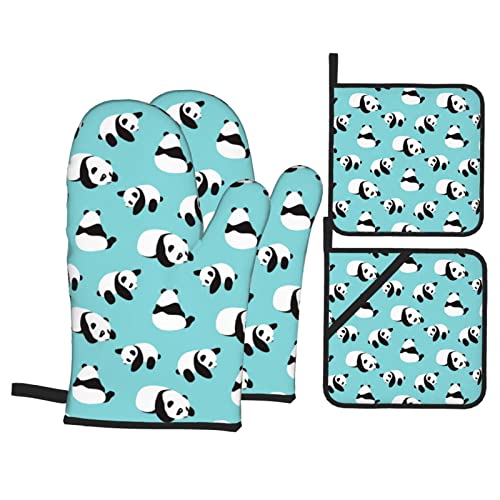 Nhbfcds Cute Panda Oven Mitts And Pot Holders Sets, 4 Piece Set, Heat Resistant Polyester Gloves And Pads For Kitchen Cooking Baking Grilling Bbq, One Size #TOP8