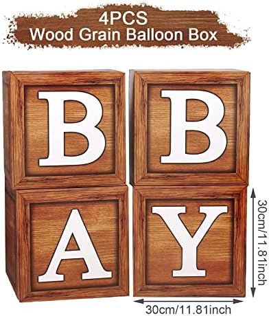 Baby Shower Boxes Decorations for Boys Girls, 4Pcs Wood Grain Baby Balloon Boxes Blocks with BABY Letters for Teddy Bear Babyshower, Gender Reveal, 1st Birthday, Jungle Safari Theme Party Decoration