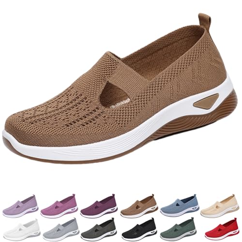 Wang Damai Women's Orthopedic Walking Shoes,Woven Breathable Orthowalkway Womens Sneakers,Lightweight Non-Slip Arch Support Slip on Shoes Brown 40
