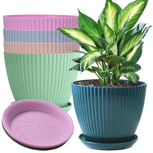 XINHUISHQZ 6 Inch Plant Pots, 5 Pack Plastic Flower Pots Modern Flower Pots with Drainage Holes and Trays are for Indoor and Outdoor Plants, Herbs, Flowers and Nurseries (6inch-5pcs)
