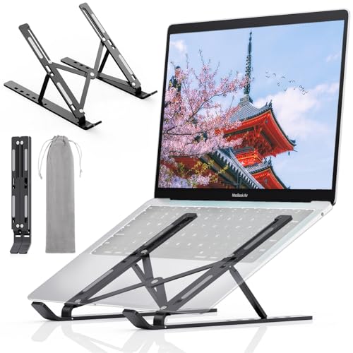 ZEEKK ノートパソコンスタンド PCスタンド アルミ合金 タブレットスタンド 折りたたみ 軽量 安定 放熱 滑り止め  高さ 角度6段階調整 収納可能 在宅/出勤勤務 持ち運びに便利 10.5-17インチまで対応 (ブラック)