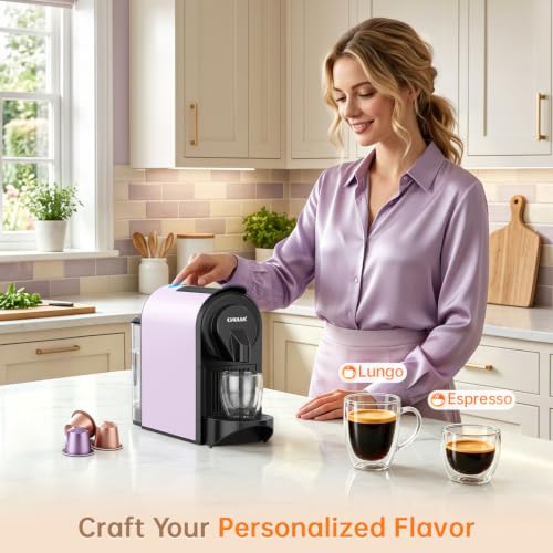 Image of CHULUX Bafe-Pro 20Bar Espresso Coffee Machine for Fast Extraction, Lavender | 1400W Rapid Heating, Espresso Lungo Buttons, Used Capsule Drawer, Auto-Eject System, 24oz Removable Reservoir, Mini Footprint