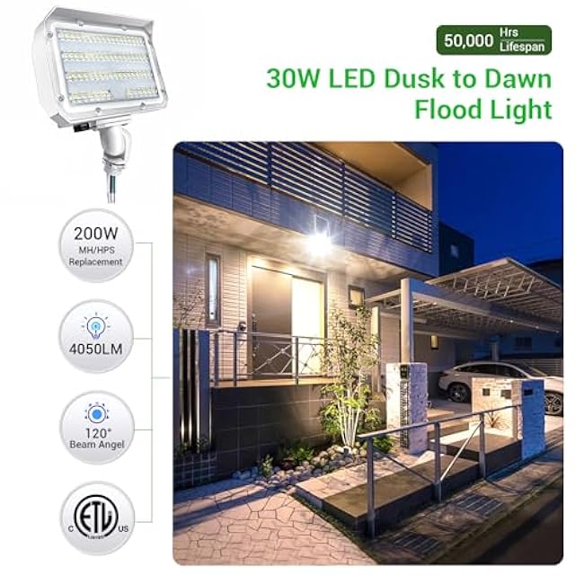 30W LED Flood Light with Knuckle, Outdoor Security Fixture Light with Dusk-to-Dawn Photocell 5000K Daylight 4,050LM(200W Halogen Equivalent) IP65 Waterproof AC100-277V for Garage Yard
