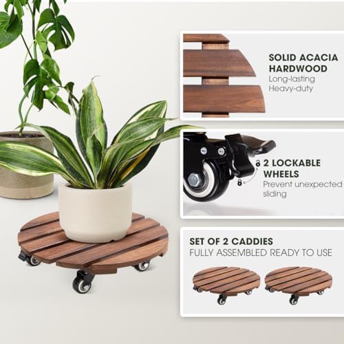 Idzo 2pack 14Inch Wood Plant Caddy With Wheels Heavy Duty Red Brown, 264 Lbs Capacity, Acacia Hardwood Plant Dolly, Plant Stand with 360° Lockable Wheels for Plant Pots, Heavy Objects Hauling