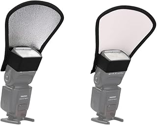 Xuerebs 2 Pcs Two-Sides White/Silver Bend Bounce Flash Reflector Kit with Elastic Strap Compatible with Sony,Canon, Nikon, Fuji and All Speedlight Flashes
