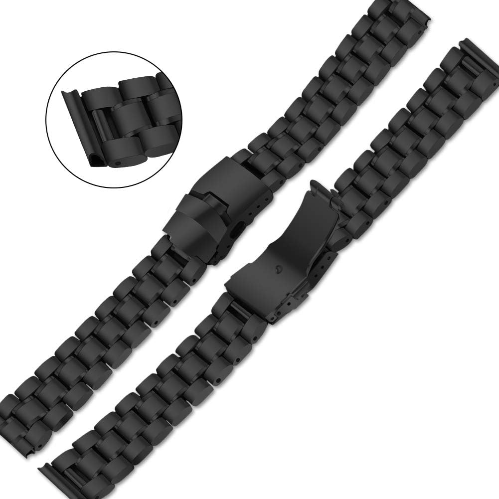 Limited Stock FERNBE Mirror Surface Stainless Steel Watch Band 18mm 20mm 22mm 24mm Strap Metal Replacement Bracelet with Double-Button safety Clasp for Men's Women's Watch Black Silver (Black, 24mm)