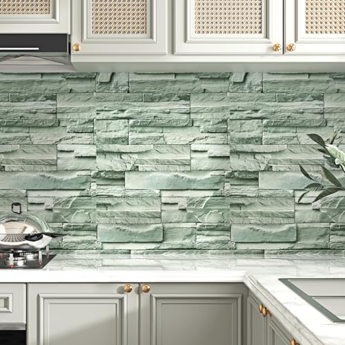 Wallderful Green Brick Wallpaper Peel and Stick Self Adhesive Faux Brick Wrapping Paper Vintage 3D Stone Effect Texture Green Contact Paper for Kitchen Backsplash Bathroom Accent Walls Island Sticky