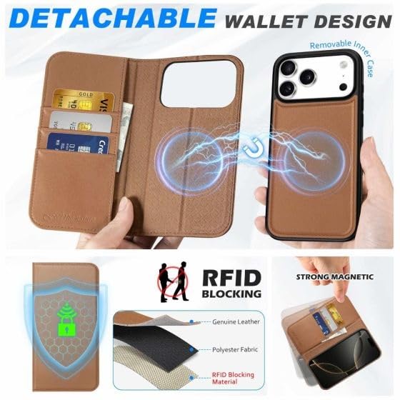 Image of WHITBULL Royal Leather Detachable 2 in 1 Flip case Cover for iPhone 17 Pro (Brown)