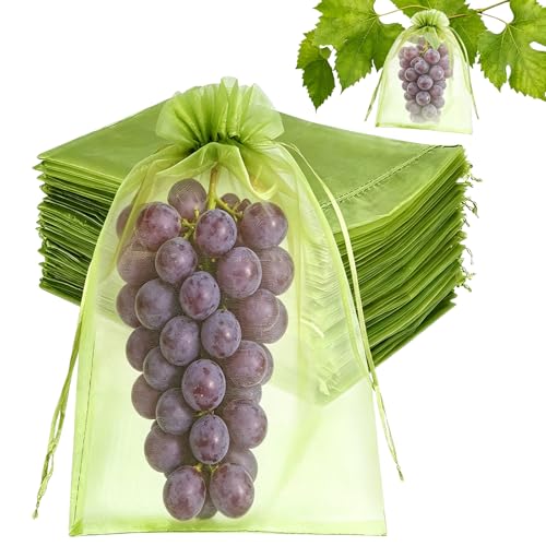 KATELUO 100 Piezas Bolsas para Uvas en Parra, 20 x 30 cm Bolsas Protectoras para Uvas, Bolsa de Protección de Frutas, Bolsas de Organza con Cordón, Protege contra Avispas, Pájaros y Otros Insectos