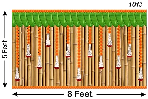 Image of Marigold Flower with Hanging Flower with Banana Leaf and Bamboo Backdrop Curtain for Decoration Backdrop Cloth Fabric-Polyester Size 5 Feet Height and 8 Feet Width(5 * 8)