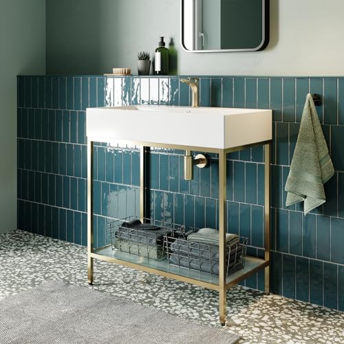 Image of Pierre 32 inch Open Shelf Gold Frame Freestanding Bathroom Vanity with Sink Top