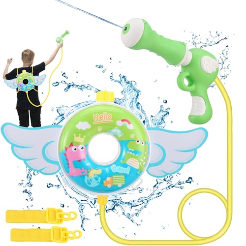 EQARD Pistola Agua Niños con Mochila 1200 ML Dinosaurio Juguetes Pistola de Agua para Niños Correa de Hombro Ajustable Juguetes de Verano al Aire Libre para Piscina Playa Juego de Lucha Acuática