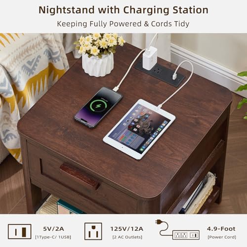Image of Joaxswe Farmhouse Night Stand Set of 2 with Charging Station, Wood Bed Side Tables Bedroom Set of 2 with Drawer & Open Storage Shelf, Walnut