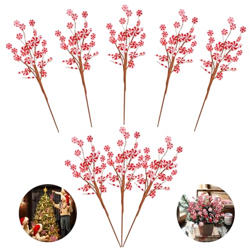 Candy Christmas Tree Decorations Red and White Candy Christmas Picks Xmas Lollipop Branches Ornaments for Vase Filler Home Decor(Pack of 8)