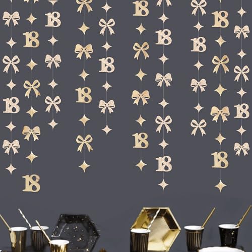 Image of Glitter Champagne 18th Bow Birthday Decorations Champagne Conquette Bow Garland Streamer Banner Backdrop for Girls Happy 18th Birthday Time to Adult Cheers to 18 Years Old Anniversary Party Supplies