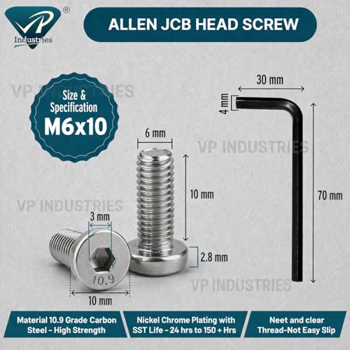 Image of By VP INDUSTRIES (Pcs-25) M6x10 mm Allen JCB Flat Head Screw Nickel Finish | Allen Key Furniture Bolt Fastener for Crib, Bunk Bed, Cot & Barrel Bolt Fittings