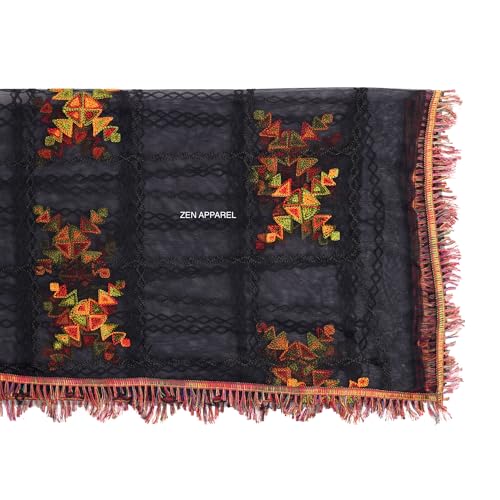Image of ZEN APPAREL Women's Embroidered Net Dupatta with Lace Borders (Z-101) Premium Net Fabric Golden Aari Work