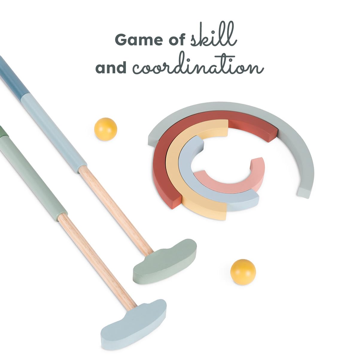 Beeloom – Mini Golf de Madera para Niños, Juego Educativo con Palos, Bolas y Obstáculos, Portátil para Interior y Exterior, Juguete Simbólico Multicolor, +3 Años