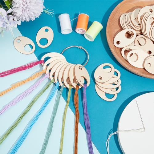 Image of BENECREAT 100pcs Oval Wood Thread Drops, 1.9x1.3inch Wood Cross Stitch Thread Organization with Floss Ring for Craft DIY Sewing Storage, 2mm Thick