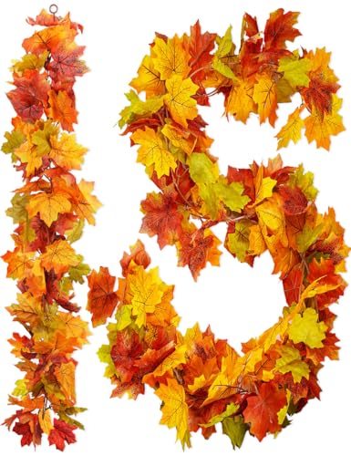 2 Pack Artificial Autumn Maple Leaves Vines Decorations, 5.9Ft/Piece Fall Leaf Garland Hanging Plant...