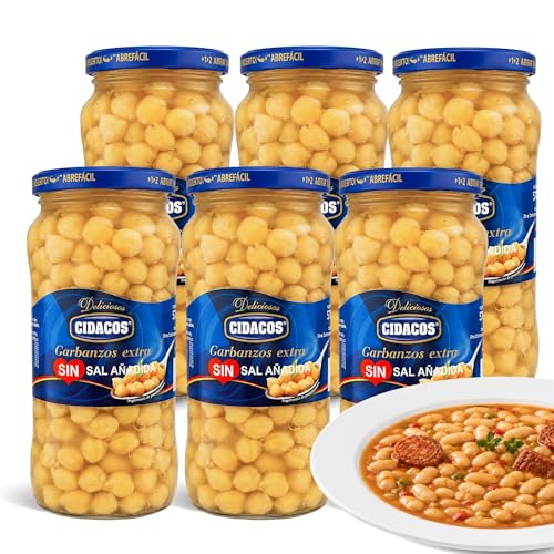 Garbanzos cocidos Extra sin sal, Ideal como guarnición, plato principal o en ensaladas, Conservar en lugar fresco y seco, Peso neto 570 g, Peso escurrido 400 gr, Formato tarro de cristal, 6 Unidades