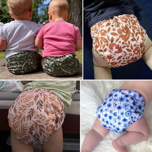 Image of Mama Koala 3.0 Cloth Diapers for Babies with Suede Cloth Lining, 6 Pack with 6 Natural Diaper Inserts - Reusable Pocket Diapers (Neutral Leaves)