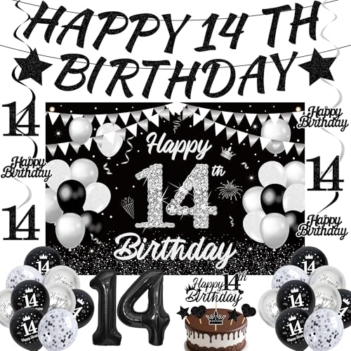 14. Geburtstag Mädchen Junge - 35 Stück Schwarz Weiß Happy 14th Birthday Hintergrund Banner 14 Folienballons Girlanden Tortenaufsatz für Sie Er 14 Jahre alt Party Supplies Dekoration