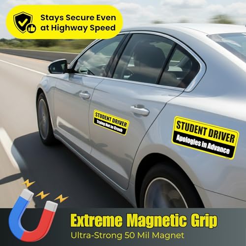 Image of Lusinus Student Driver Magnet for Car - 2-Pack Reflective Funny Magnetic Bumper Sticker Set - Removable Novice Driver Safety Attention Sign - Weather-Resistant (Yellow-Black)