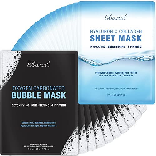 Ebanel Bundle of 15-Pack Collagen Face Mask, and 10-Pack Carbonated Bubble Clay Mask