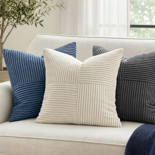 Image of MIULEE Dusty Blue Decorative Throw Pillow Covers 18x18 Inch for Couch Bed Sofa Pack of 2 Coastal Boho Farmhouse Throw Pillows Soft Cross Corduroy Patchwork Textured Cushion Cases