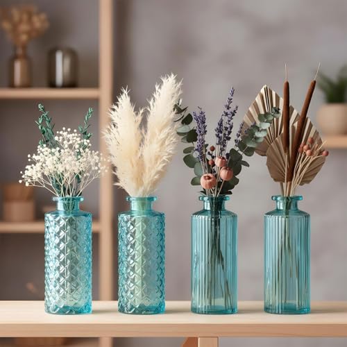 Lot de 4 vases en verre - Turquoise - Hauteur : 13 cm - Rétro - Décoration de table - Décoration...