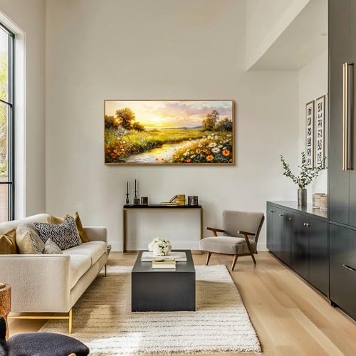 crmotu Landscape Wall Art, Floral Wall Decor, Large Framed Wall Art, Countryside Sunset Scenic Canvas Prints, Meadow Wildflowers Aesthetic Paintings Wall Decor Living Room Bedroom Bathroom 24x48inch