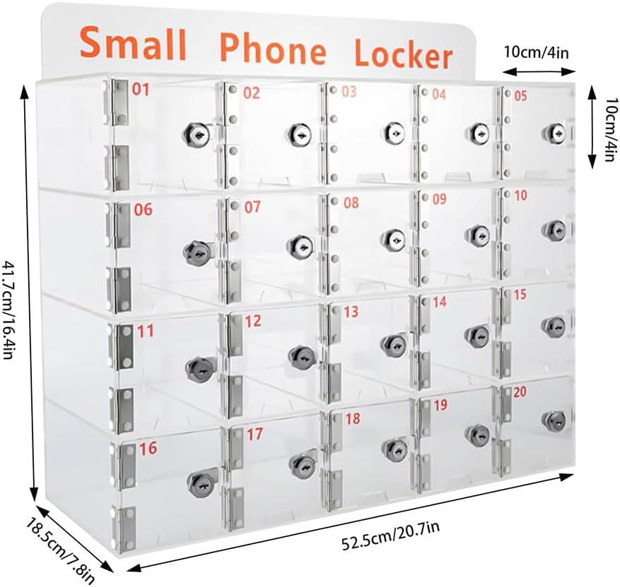 Acrylic Cell Phone Cabinet, Wall-Mounted Aluminum Alloy Cell Phones Pocket Storage Cabinet, Clear Cell Phone Storage Locker Box with a Locked for Schools Offices Employees Classroom (20 Slots)