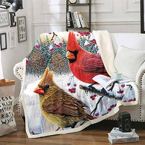 Erosebridal Cardinal Bird Throw Blanket Red Bird Cardinal Blanket 60"X80" For Adult Women Girls Red Birds Snowflakes Fleece Blanket, Winter Landscape Cardinals Sherpa Blanket #TOP1