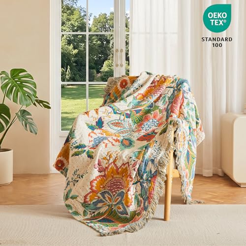 Image of MSGKV Boho Throw Blanket 60 inchx80 inch Cotton Vine Twin Blanket for Couch Bed