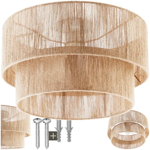 tectake® Lampara Techo Dormitorio Boho Artesanal en Yute Sostenible con Estructura de Acero, Lámpara de Techo Colgante Salón 40 W, Lampara Salon, Plafon - 45 x 45 x 27,5 cm