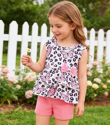 Image of Girls 2 Piece Outfit Summer Short Set Sleeveless Bow Knot Tank Top and Shorts Cute Clothes for Toddler Girls