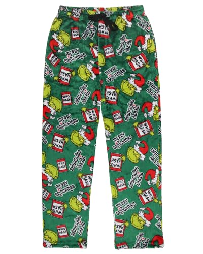 Dr. Seuss The Grinch Men's Merry Grinchmas Who Hash Adult Luxury Plush Lounge Sleep Pajama Pants with Elastic Waistband3