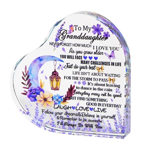 Ornalrist Granddaughter Gifts from Grandma Grandad Glass Heart Colourful Etched Love Inspiration Plaque Keepsake for Granddaughter Birthday Christmas