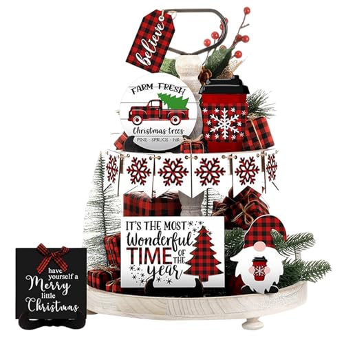 KUYYFDS Christmas Tiered Tray Decor 12PCS/Set Buffalo Plaid Gnome Wood Trays Home Decor Rustic Christmas Table Centerpiece Decoration for Home Kitchen Holiday(Without Tray)