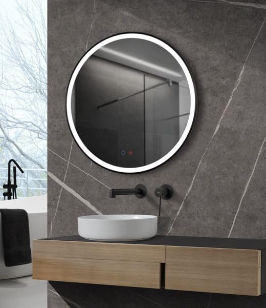 NOLUXA IMEX - Espejo Baño con Luz | Espejo de Baño Grande | Espejo LED Antivaho | Espejo de Pared Redondo 80cm | Serie Paris | Color Negro Mate