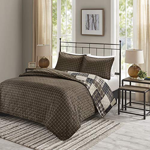 Image of Madison Park Reversible Quilt Cabin Lifestyle Plaid Design - All Season, Breathable Coverlet Bedspread Bedding Set, Matching Shams, Timber Black /Brown King /Cal King(104 inchx94 inch) 3 Piece