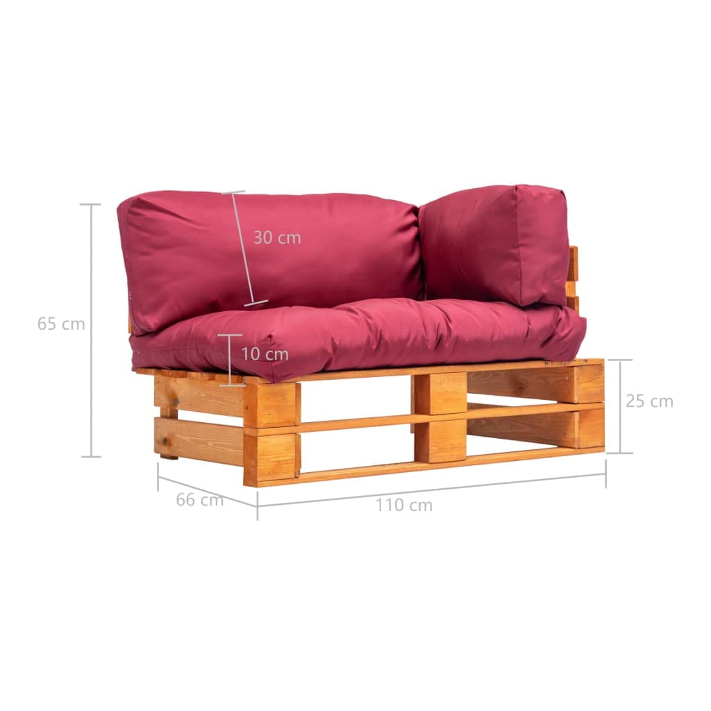 Sofa ogrodowa z palet z czerwonymi poduszkami sosna drewniana 2-osobowa zewnetrzna na taras balkon ogrod meble patio impregnowane