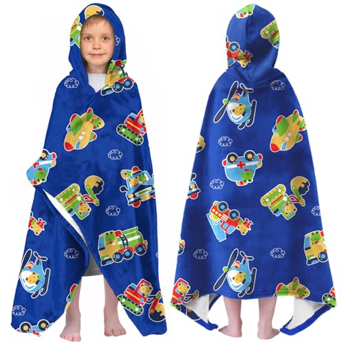 Image of Engineering Vehicle Boys Beach Towel with Hoodie for Kids Toddlers Age 4-8,Car Blue Bath Towels Shower Wrap for Boys, Hooded Poncho Beach Blanket for Pool Swimming Cute Wearable Bath Towel for Child