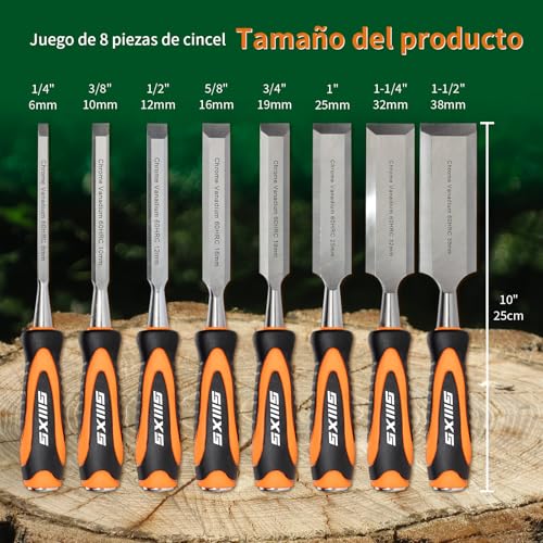 Miniatura 2 de Siiixs Juego De 8 Cinceles De Madera De, 8 Cinceles De Madera Con 1 Guía De Afilado, 1 Piedra De Afilar Y 2 Lápices De Carpintero