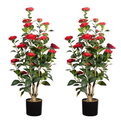 Romantic Season 2Pack Artificial Camellia Tree, 3FT, Red Faux Camellia Plant, Fake Potted Flower Tree for Modern Homes