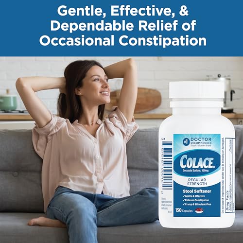Image of Colace Stool Softener 100 mg, 150 Capsules, Constipation Relief, Docusate Sodium, Gentle Docusate, Stimulant-Free, Regular Strength, #1 Doctor Recommended Stool Softener Brand